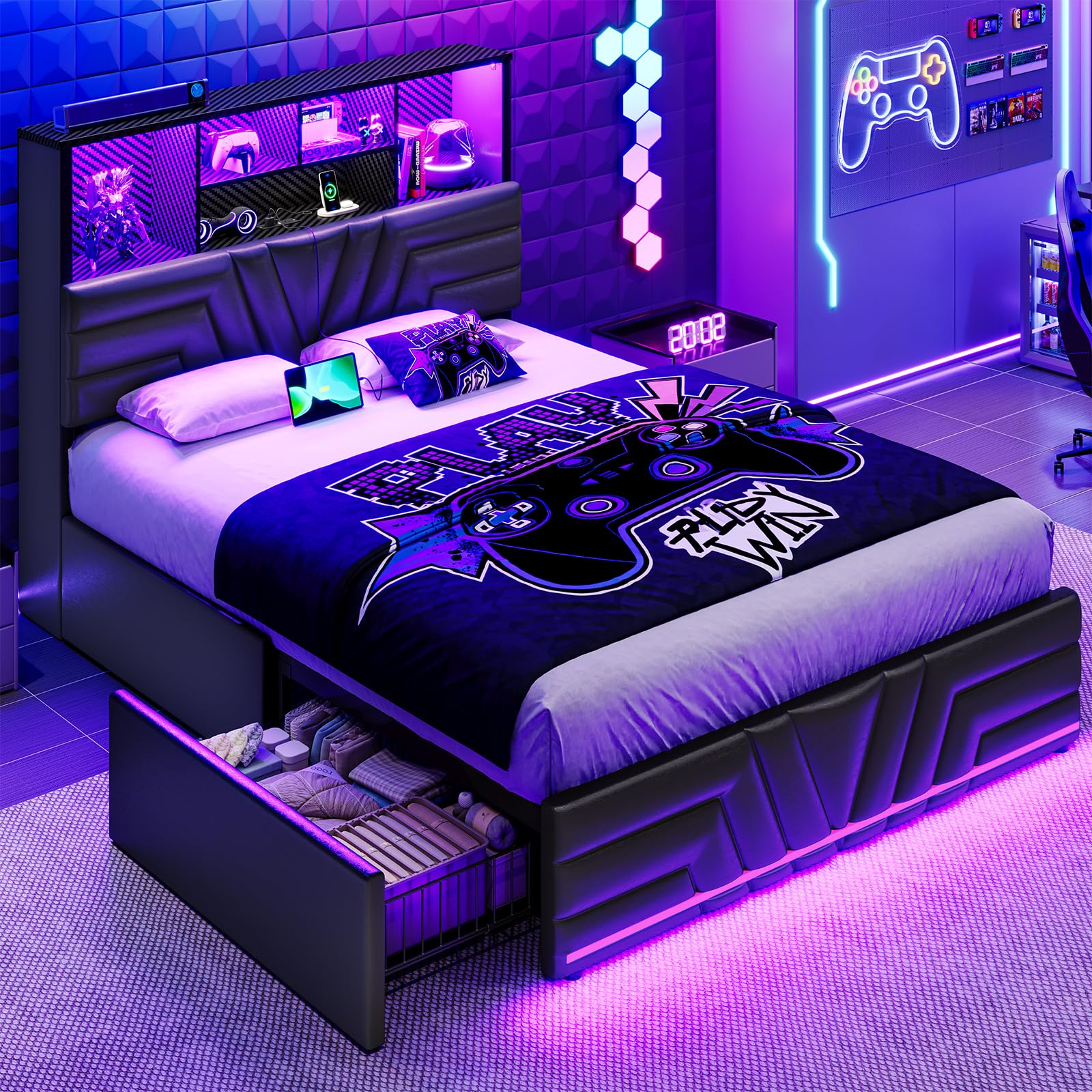 Esports Gaming Bed - إطار سرير بحجم كامل مع 4