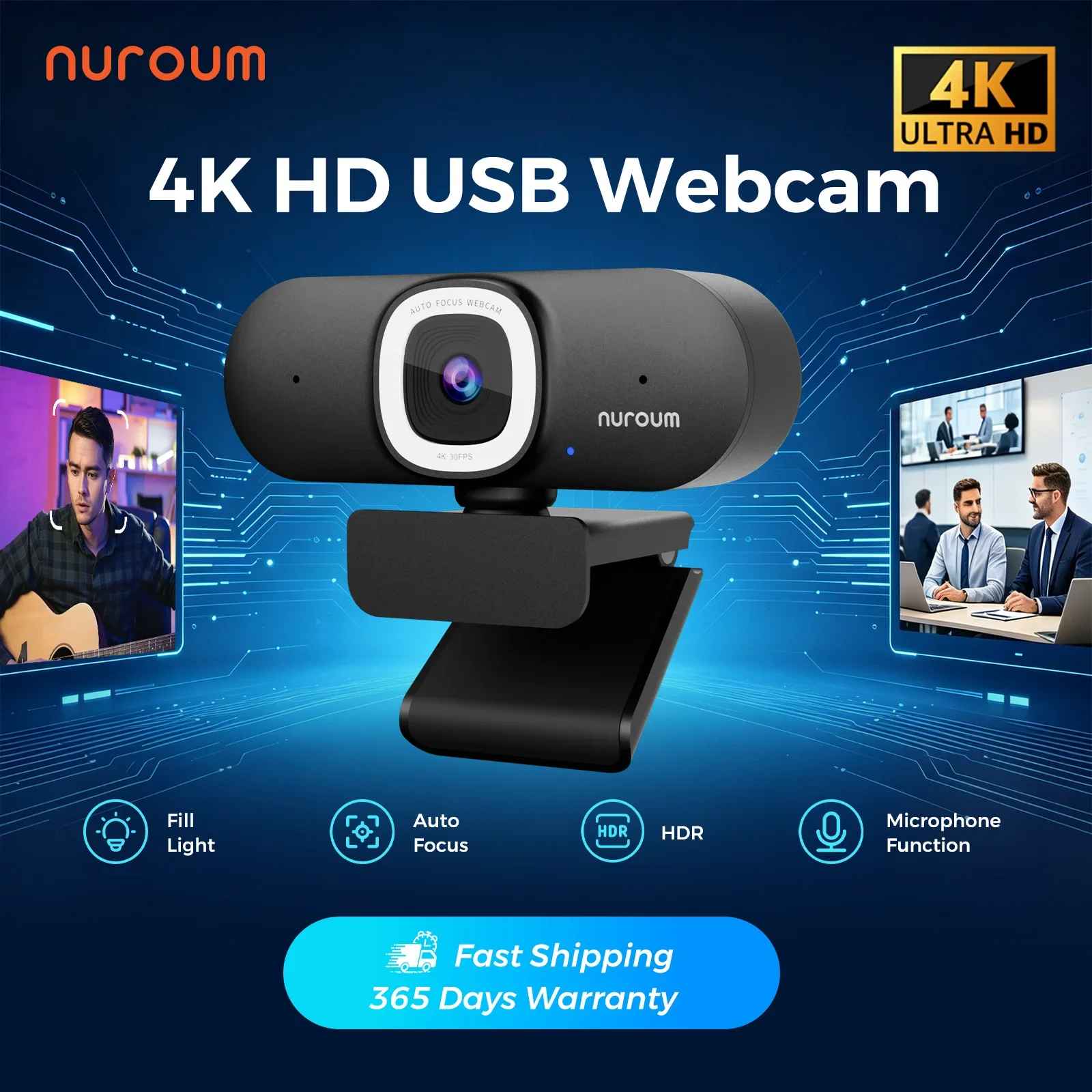 Webcam Ring Light - كاميرا ويب NUROUM V32AFL بدقة 4K